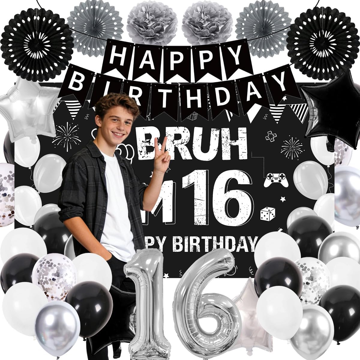 Black 16th Birthday Decorations for Girl Boys Bruh I'm 16 Backdrop, Banner, Paper Fan, Pompoms, Balloons, Bro I'm 16 Cheers to 16 Years Party Decor Funny Sixteen Bday Party Supplies
