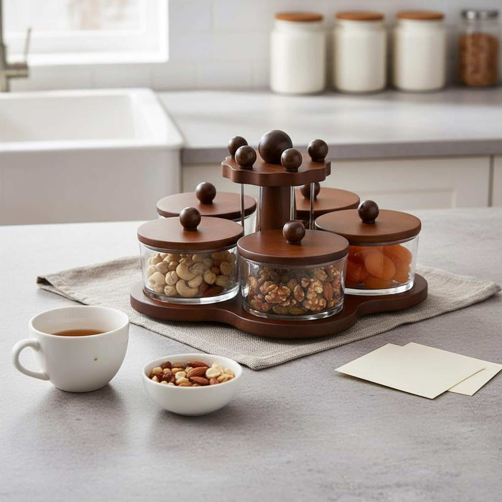 Set Ciotole Antipasti con Coperchio Design Raffinato Vassoio Snack in Ceramica con Supporto in Legno per Soggiorno, Feste, Aperitivo, Piatto Ceramica