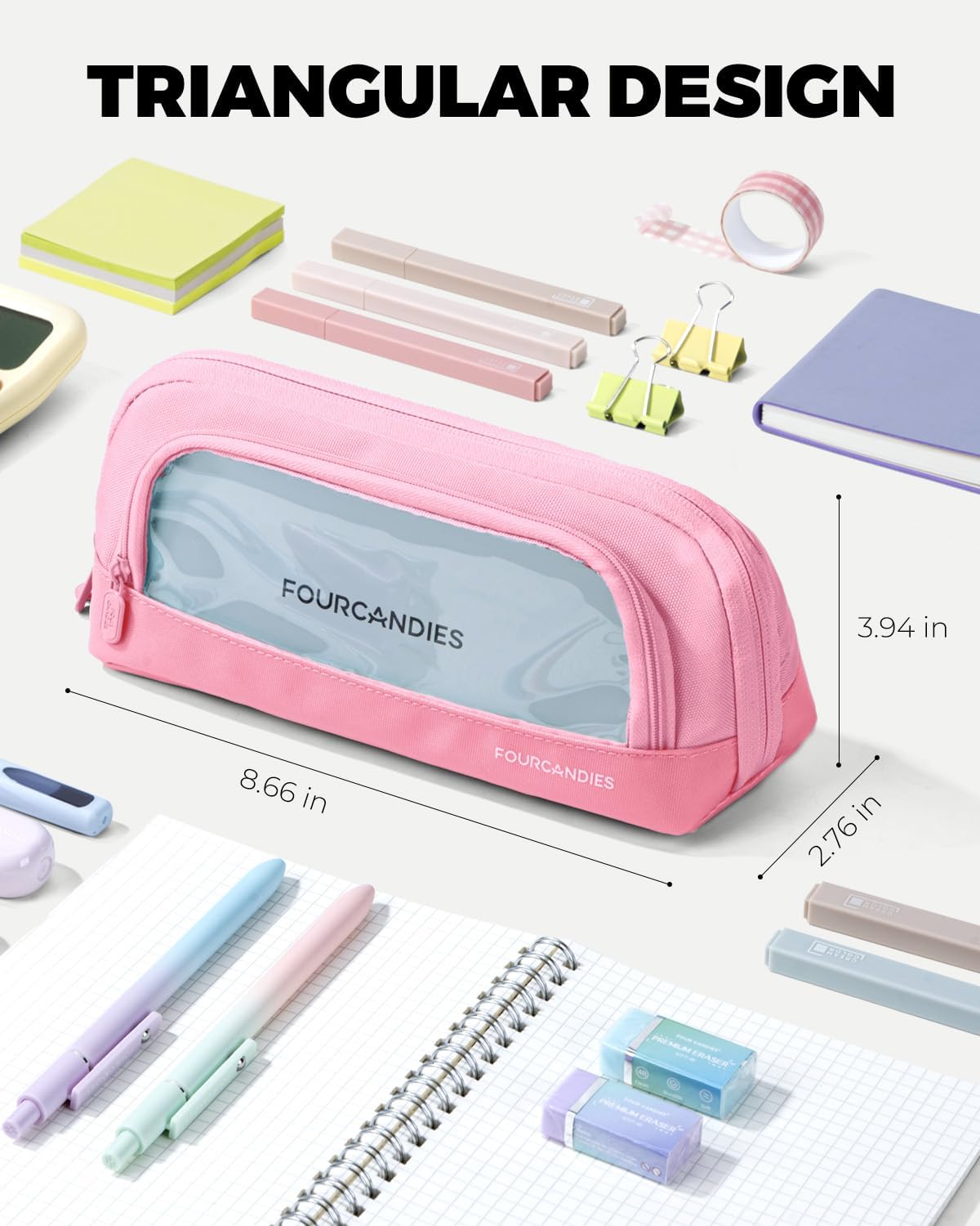 Four Candies Magnetic Triangular Pencil Pouch Pink | Magnetic Back Closure, Stain-Resistant PP Inner Lining Waterproof Oxford Cloth, Transparent Pocket with Weekly Planner