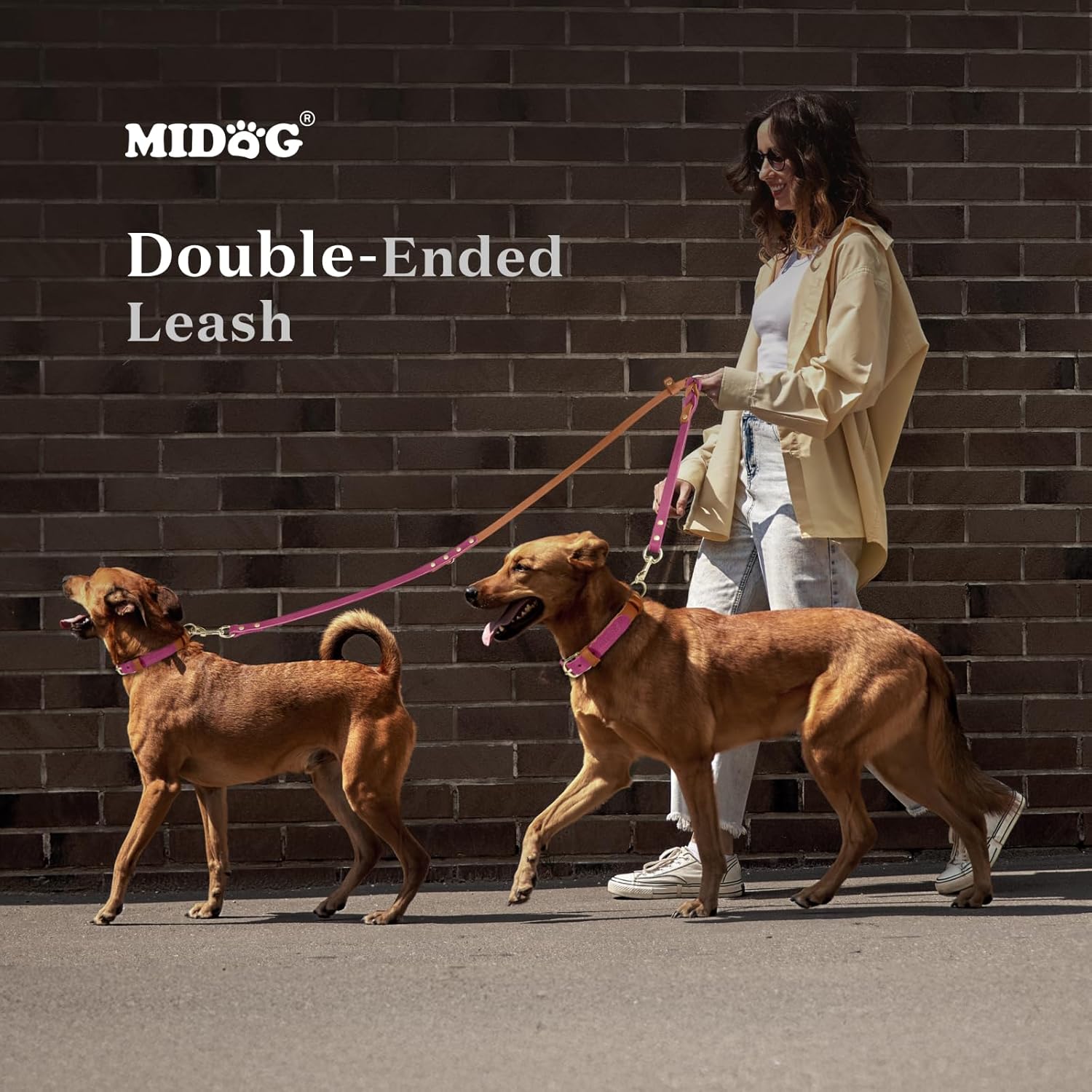 MIDOG Leather Dog Leash, Hands Free Dog Leash for Medium Large & Small Dogs 6Ft, Adjustable Waist, Strong Genuine Braided Leather, Soft & Comfortable for Running, Walking, Training (Pink L)