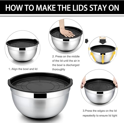 Miniatura 7 de P&P CHEF Juego de 6 cuencos negros para mezclar con tapa, de acero inoxidable, anidados, para mezclar y preparar alimentos, tamaño 0.7, 1, 1.5, 2,