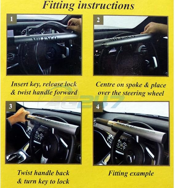 Milenco High Security Silver Car Steering Wheel Lock Design Sold Secure Gold Approved Car Van Anti Theft High Visibility Metal Wheel Lock with 4Tress Non Slip Car Dash Mat (4T-ML-0505)