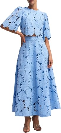Two Piece Sets for Women Dressy Solid Color Embroidered Short Sleeve Crop Top and Maxi Skirt Suit Summer outfits