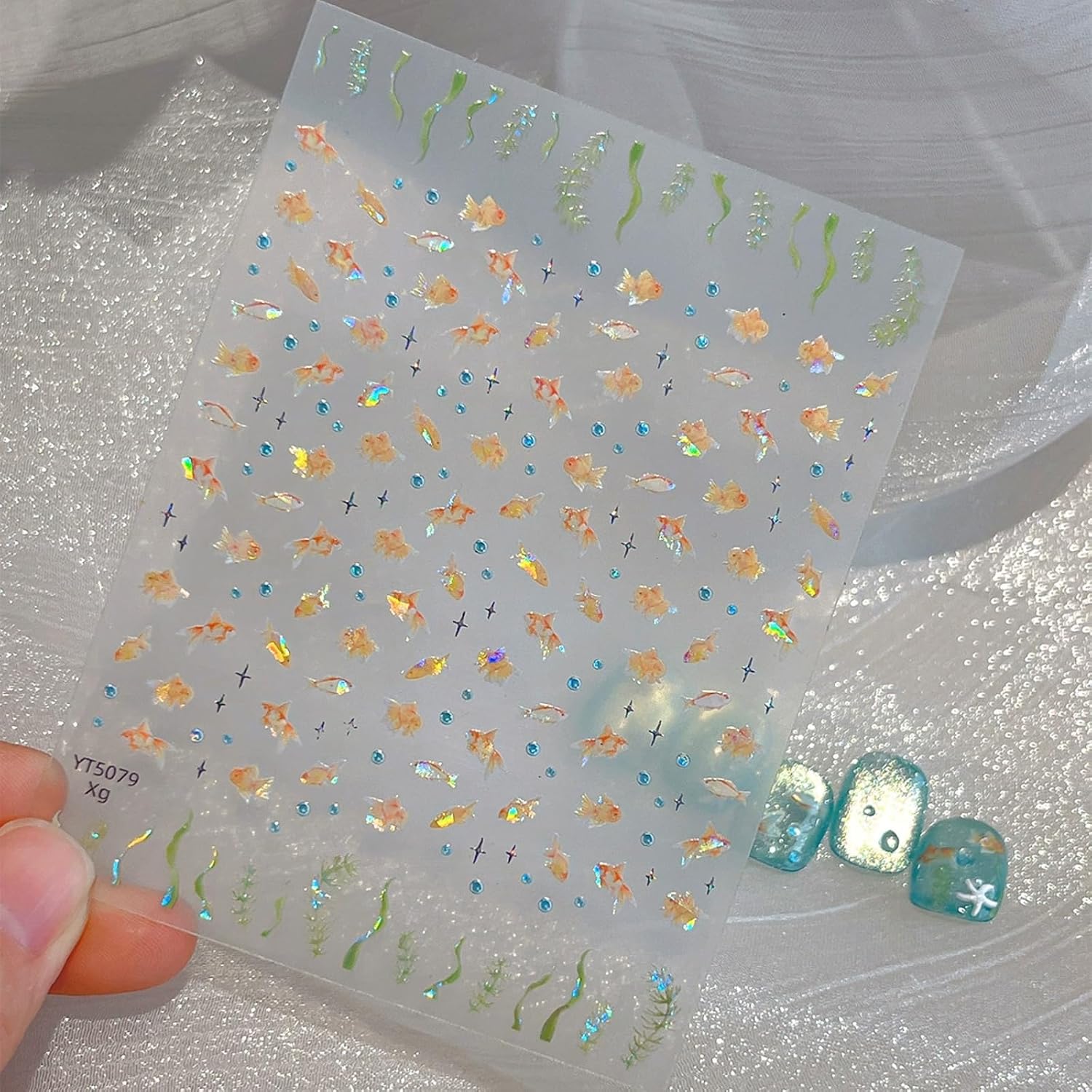 1 Pcs Goldfish Nail Art Stickers 5D Embossed Shell Light Nail Art Decals Small Fish Bubble Seaweed Ocean Nails Design Stickers Golden Koi Nail Supplies Marine Life Summer Manicure Decoration for Women