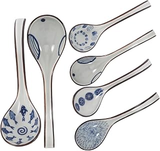Hemobllo 6 Piezas Cuchara Sopera De Cerámica Azul y Blanca Cucharas Para Servir Para Comer Sopa Casa
