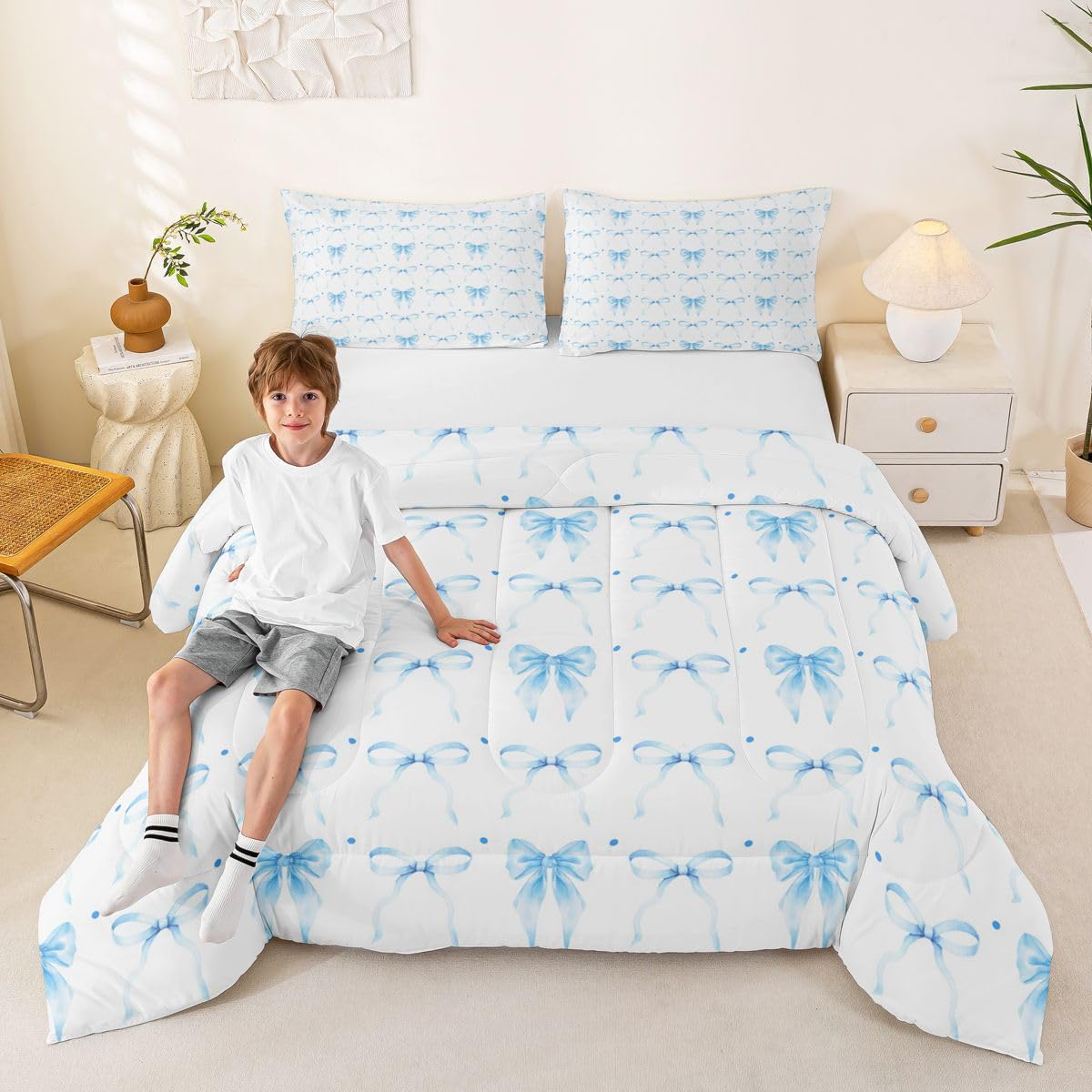 Homewish Jasnoniebieskie zestawy pościeli z kokardą - urocza niebieska muszka zestaw kołdry preppy kawaii kokardki zestaw kołdry - estetyczna kołdra bez pokrowca