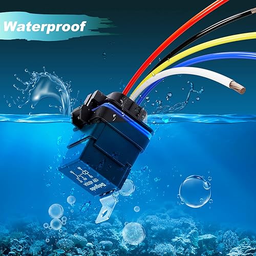 Miniatura 2 de Delgada Relé de 40/30 amperios 12 V impermeable para automóvil, 5 pines SPDT con juego de enchufes de arnés 14 AWG cables de cobre para barco