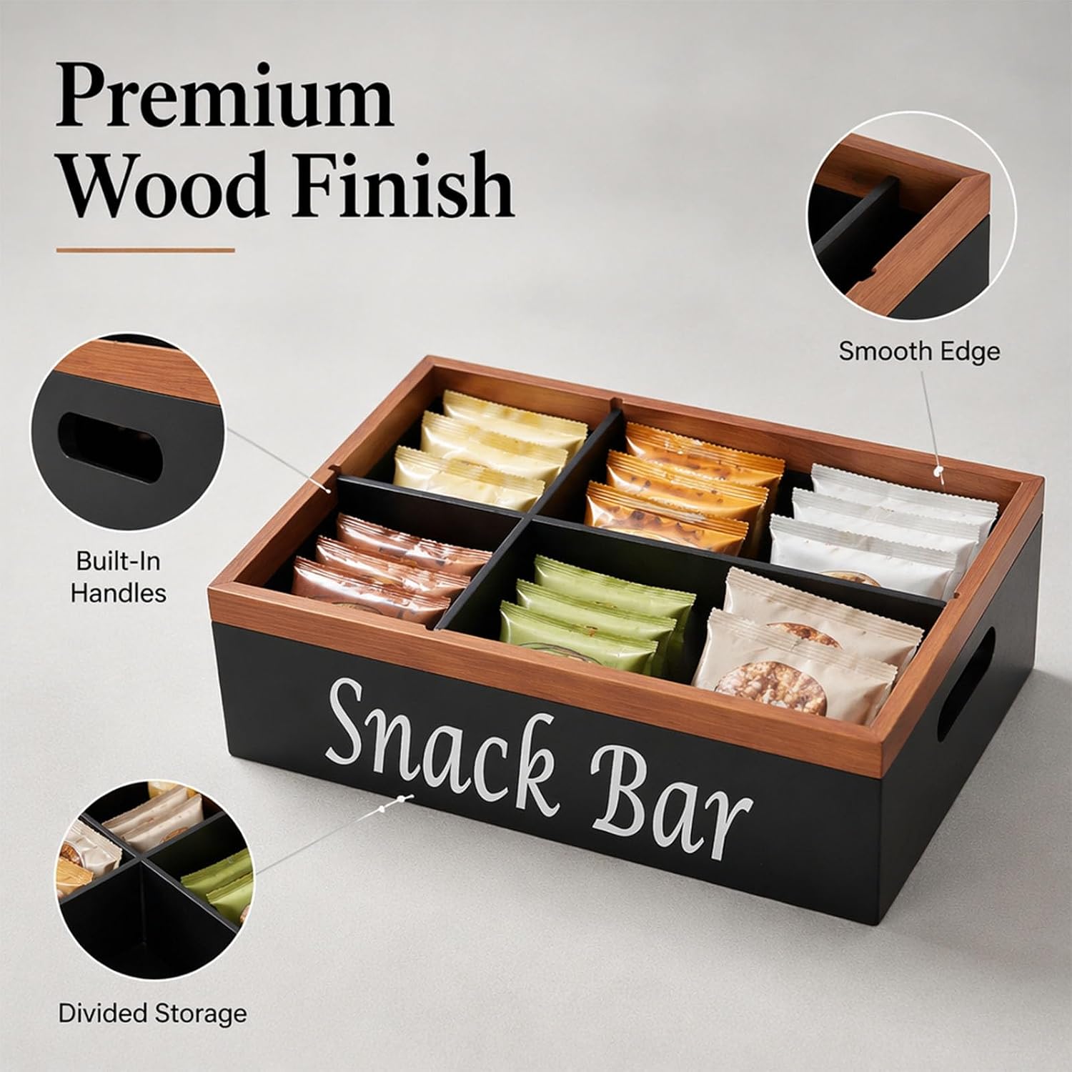 Snack Organizer for Countertop, Solid Pine Wood Snack Bar Basket with Handles, 4 Compartment Storage Bin with Removable Dividers for Pantry Kitchen Cabinet Coffee Station Office Decor image 3