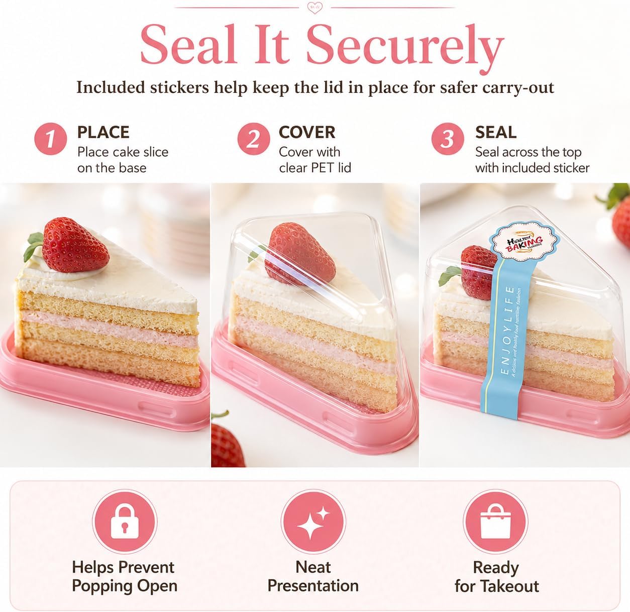 100Pcs Individual Cake Slice Containers, Pie Slice Containers Disposable, Cheesecake Container with Lid Sticker and Fork, Clear Triangle Cake Boxes for Pies Snack Dessert, Pink