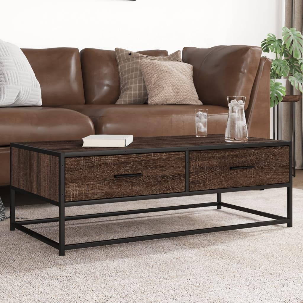 Table basse marron aspect chêne au design industriel épuré de 100x50 cm avec double plateau