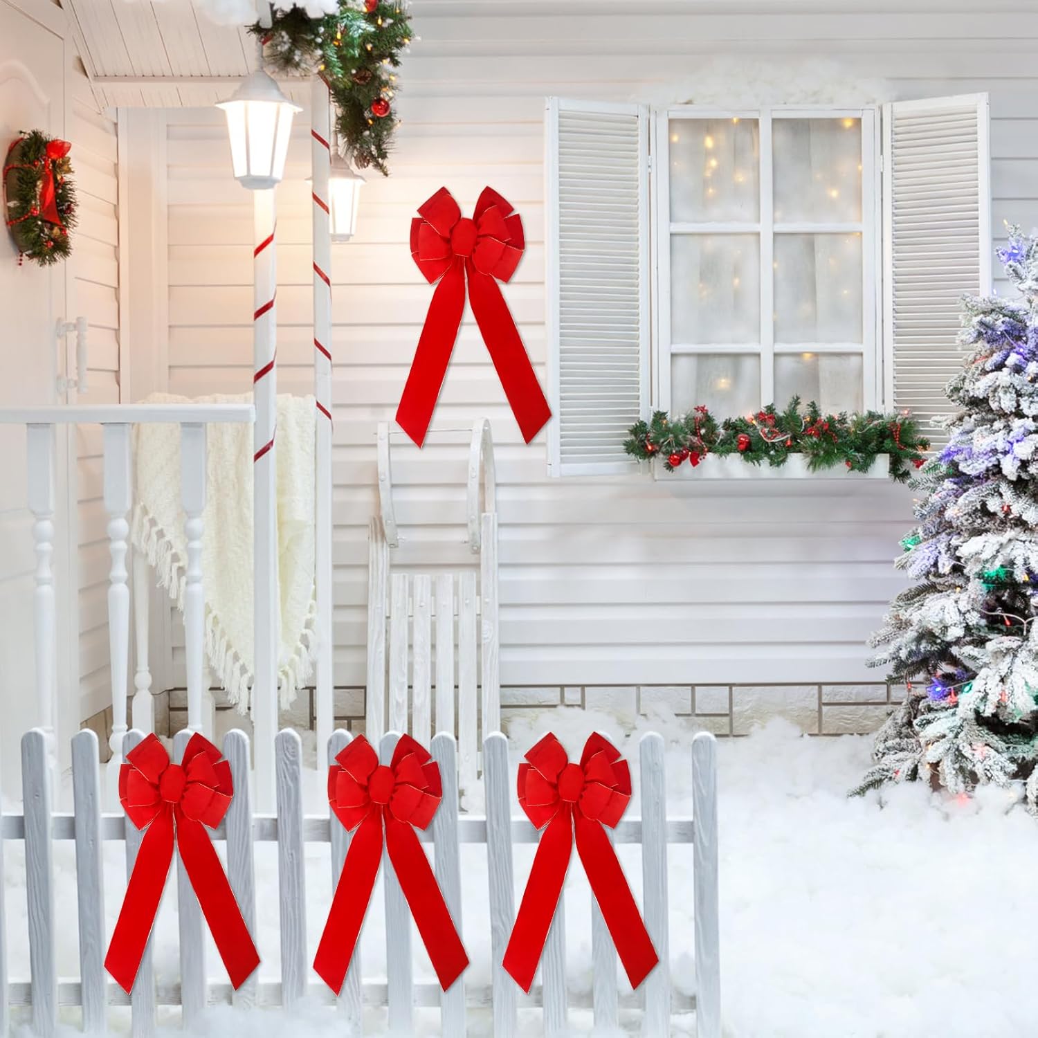 Giant Red Velvet Christmas Bow - Large Waterproof Outdoor Decoration, Perfect for Christmas Tree, Front Door & Wreath, Elegant Big Holiday Bow for Festive Outdoor/Indoor Decor (Red 1, 4 PCS)