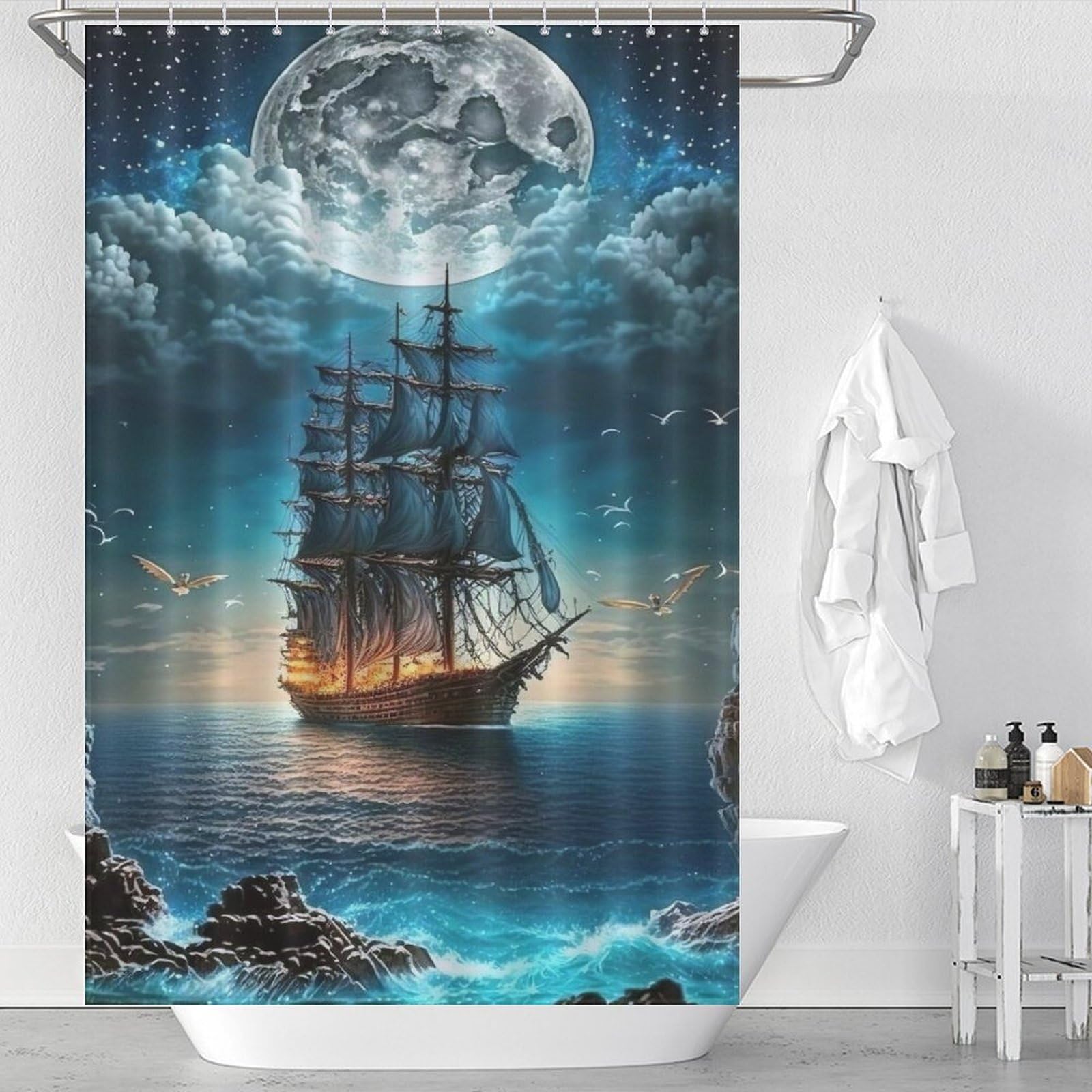 Rideau de douche bateau pirate imperméable en tissu polyester pour éliminer l'eau sur le sol