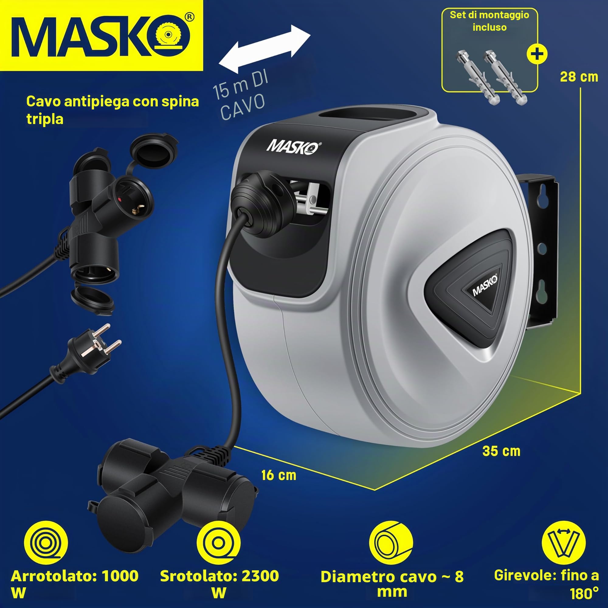 MASKO® Avvolgicavo automatico Cavo di prolunga con collegamento a 3 vie Ruotabile di 180° Cavo da 1,5 m Staffa a muro Avvolgicavo da officina Avvolgitore di corrente automatico Incl. guanti - 15 m