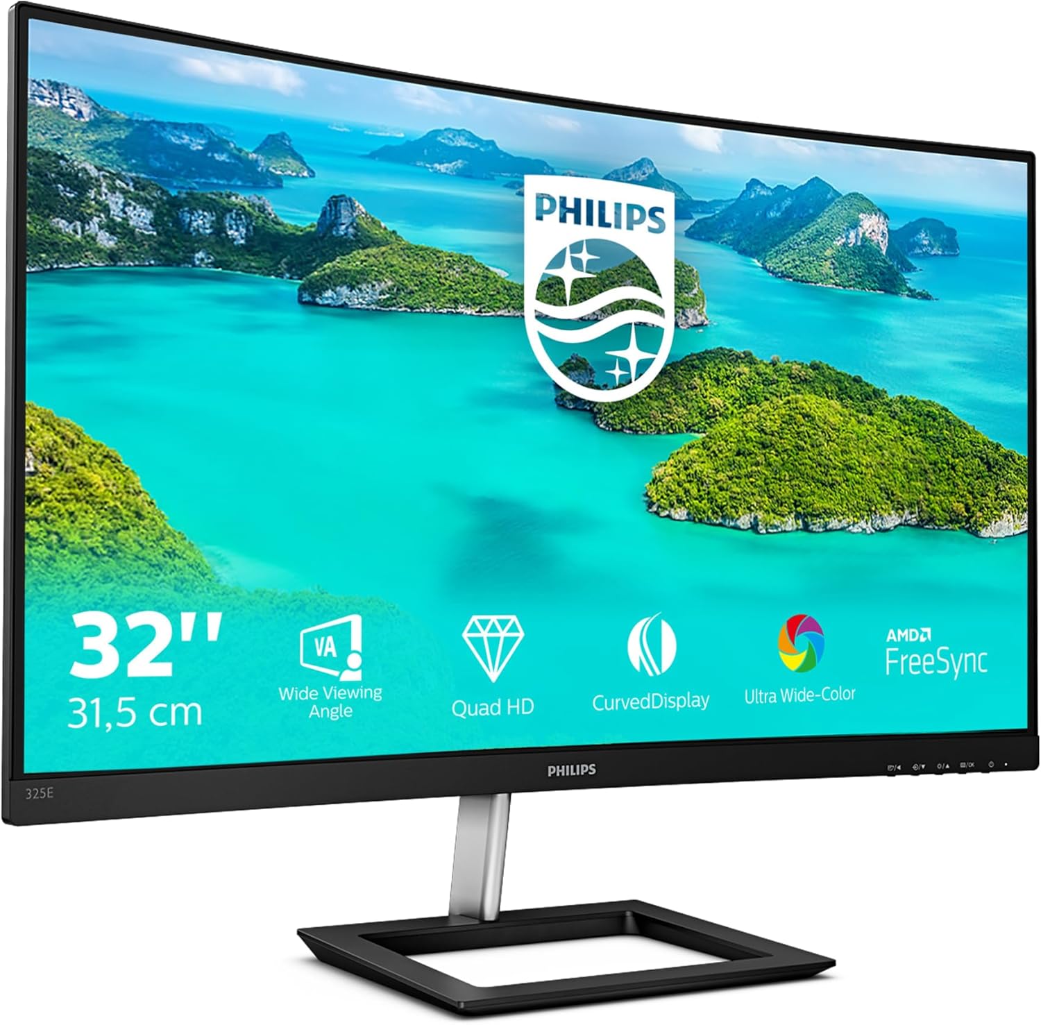 Philips Monitor Gaming 325E1C Monitor Curvo, Freesync 75 Hz, LCD da 32", 2K Quad HD 2560 x 1440 VA, 4 ms, HDMI, Display Port, VGA, Flicker Free, Low Blue Light, Ultra Wide Color, VESA, Nero