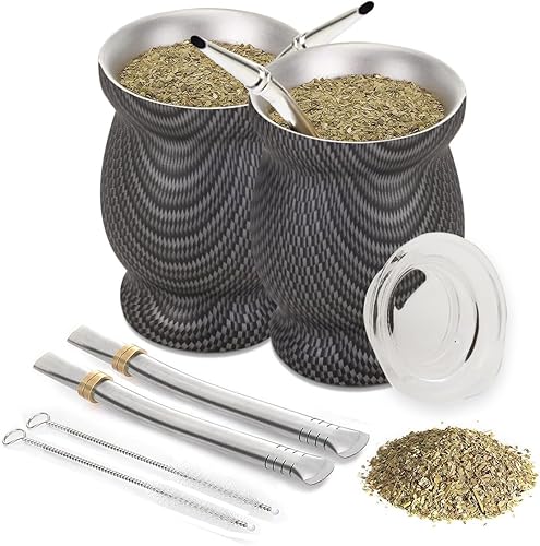 YTCYKJ Juego de 2 tazas de té de calabaza y bombilla de yerba mate, de acero inoxidable, doble pared, textura de fibra de carbono, con pajitas de