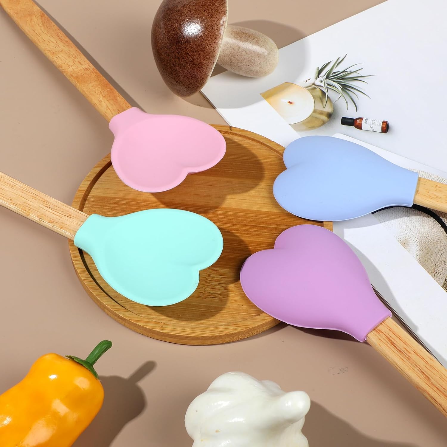4 Pieces Heart Shaped Spoons, Silicone Heart Spatula with Wooden Handles for Serving Stirring Baking Kitchen Accessories image 2