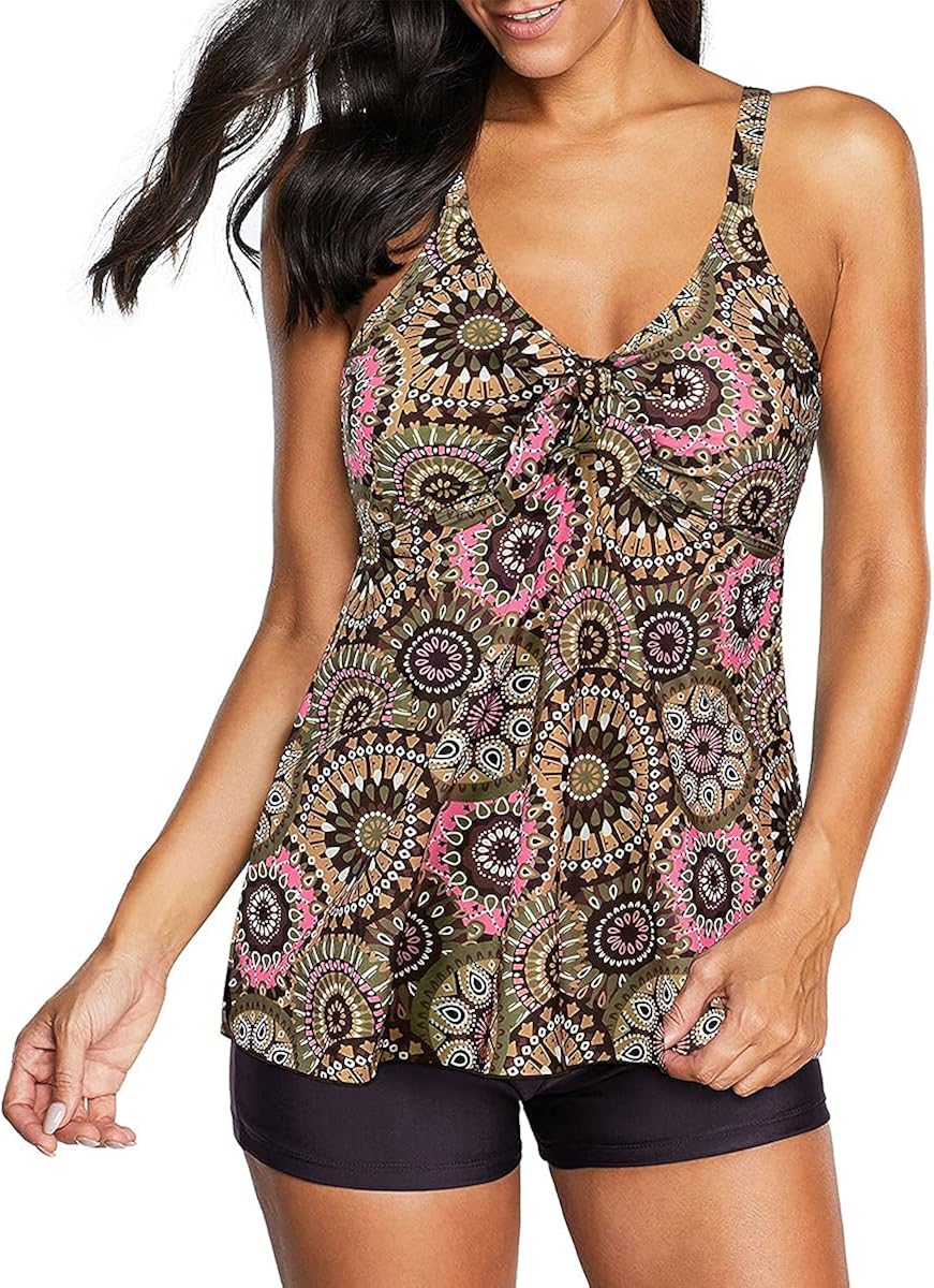 Zando Tankini Swimsuits for Women Tummy Control Swimwear Two Piece Bathing Suits for Women Swim Suits Tankini Top with Shorts Coffee Flower 10-12