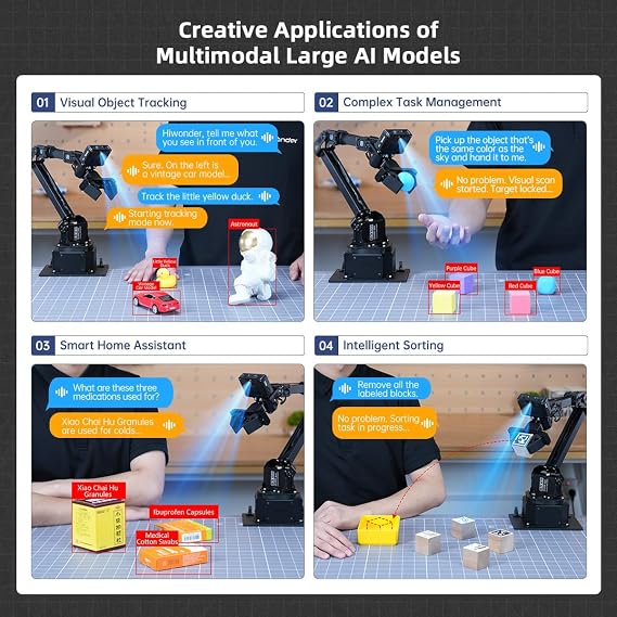 Hiwonder AI Robotic Arm Kit Imitation Learning VLA Model Development Embodied AI 6DOF Full Metal Robot Arm with Large AI Models K230 AI Vision Voice Control Scene Understanding, NexArm Advanced Kit