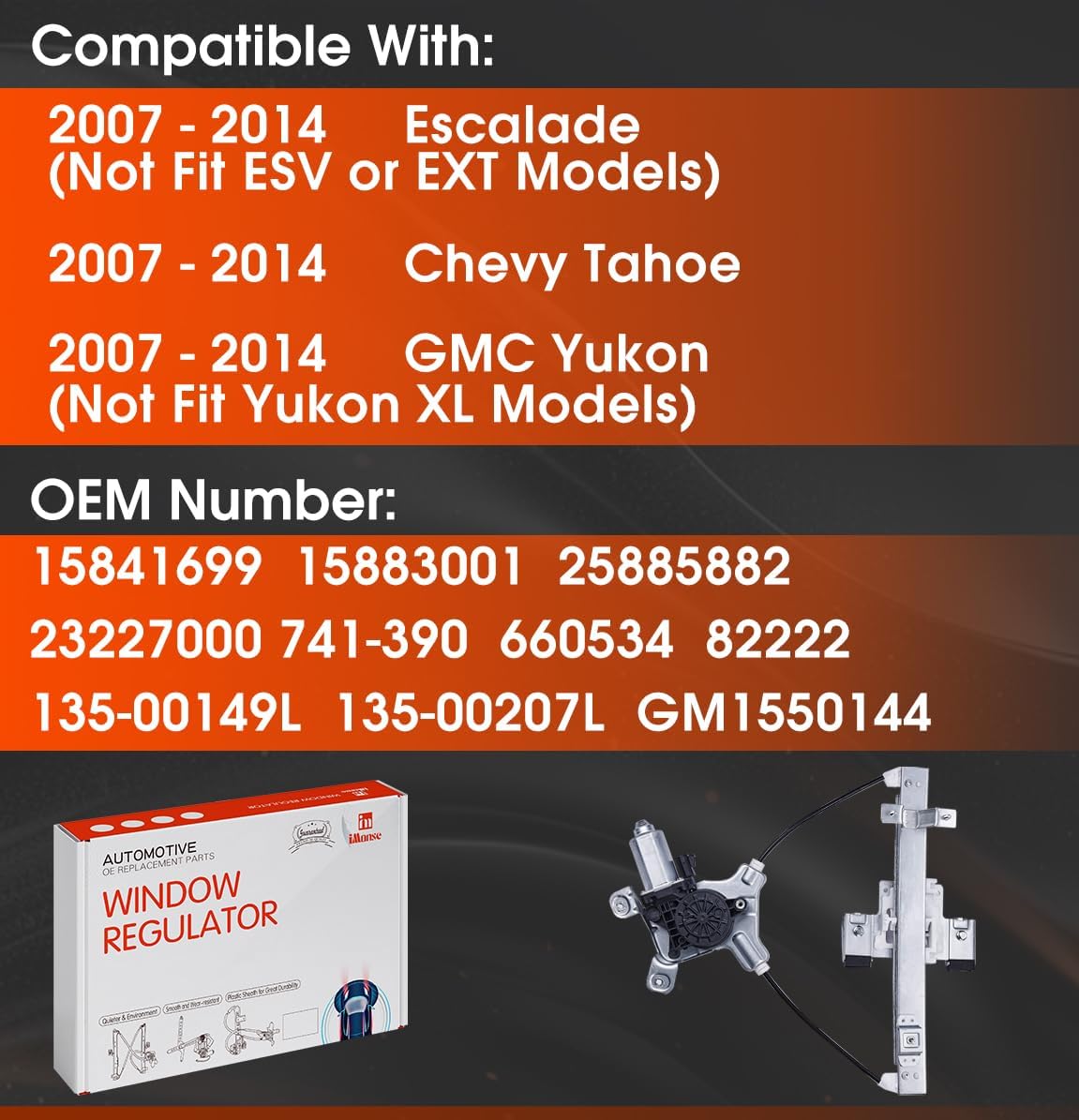 iMosne Rear Left Driver Side Power Window Regulator with Motor Fit for Cadillac Escalade 2007-2014 & Chevrolet Tahoe 2007-2014 & GMC Yukon 2007-2014, 25885882 15883001