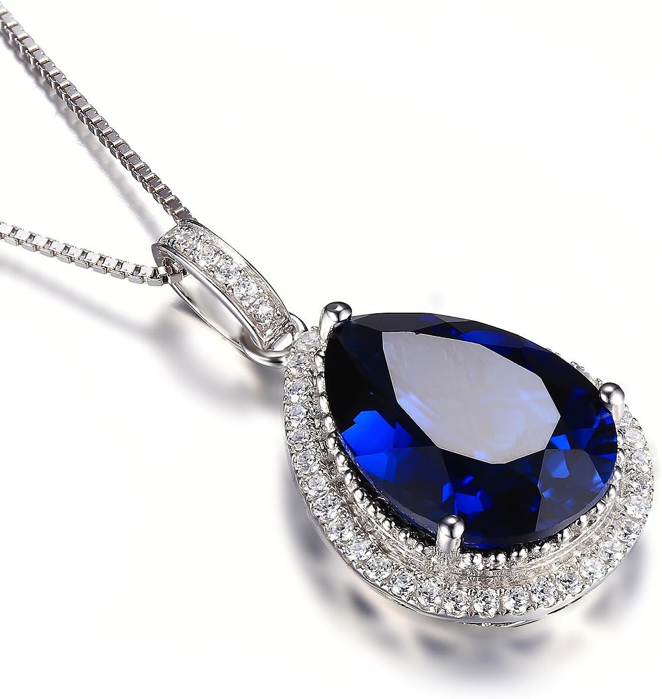 JewelryPalace Huge Pear Cut 10.9ct Created Blue Sapphire Halo Pendant Necklace for Women, 14k White Gold Plated 925 Sterling Silver Necklaces for Her, Gemstone Necklace 18 Inches Chain Jewelry Sets