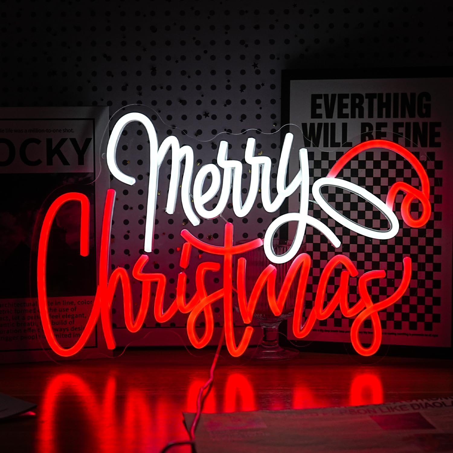 Merry Christmas Neon Hat Sign - Dimmable USB Powered LED Red White Neon Light for Decor in Connect Christmas or New Year Party (16.5 * 10.6 In)