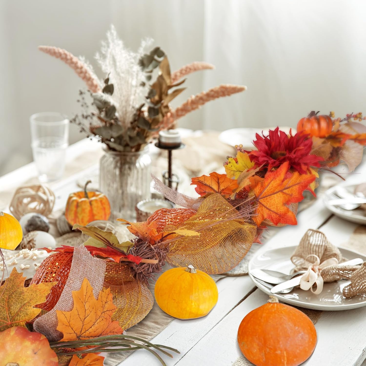 6ft Thick Fall Maple Leaves Garland with Pumpkin and Berry, Artificial Sunflower Autumn Harvest Garland w/Ribbon for Mental, Thanksgiving, Halloween, Fireplace Porch Indoor Outdoor Decoration
