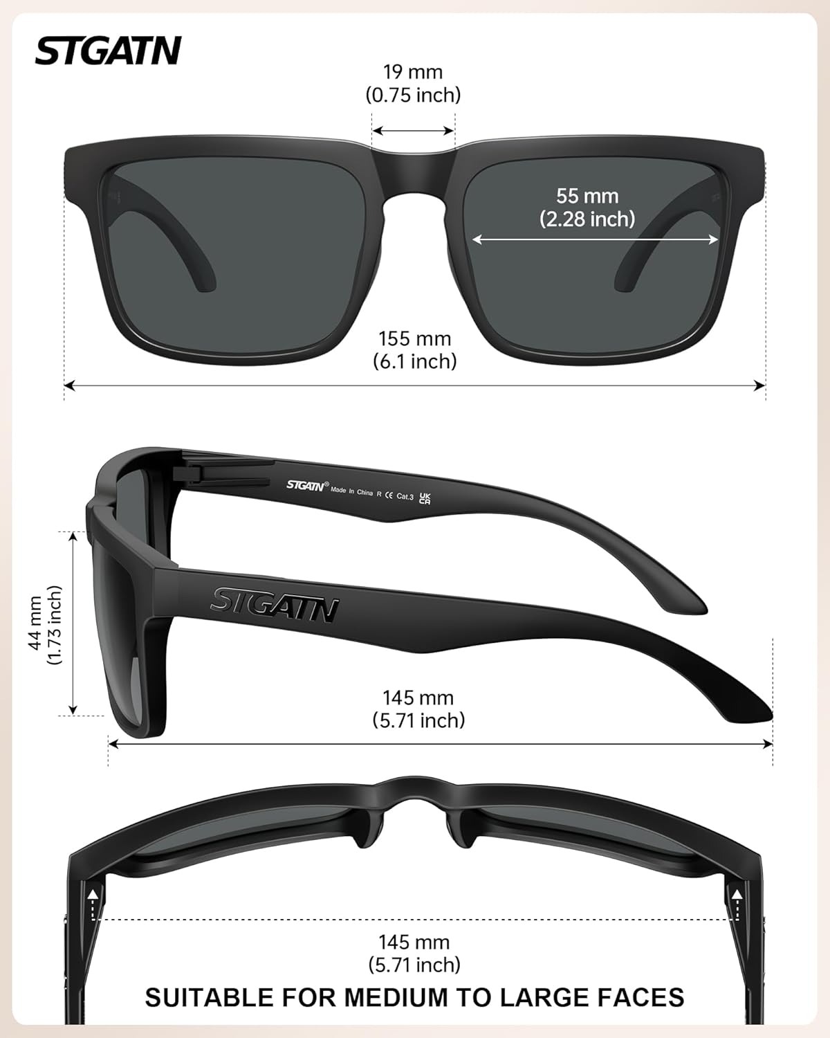 STGATN Retro Square Polarized Sunglasses for Men UV400 Protection, TR90 Ultralight Flexible Shades Driving Fishing