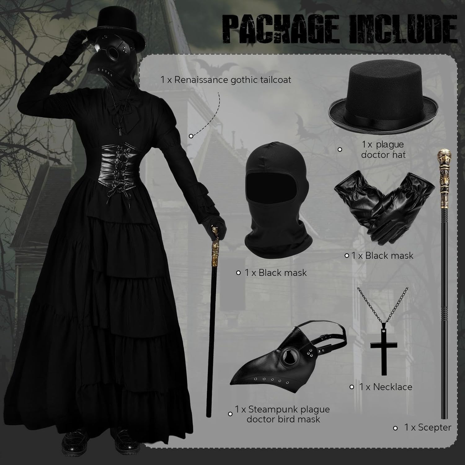 7 Pieces Plague Doctor Costumes for Adult Women Scary Halloween Doctor Cosplay Party Outfit Accessories