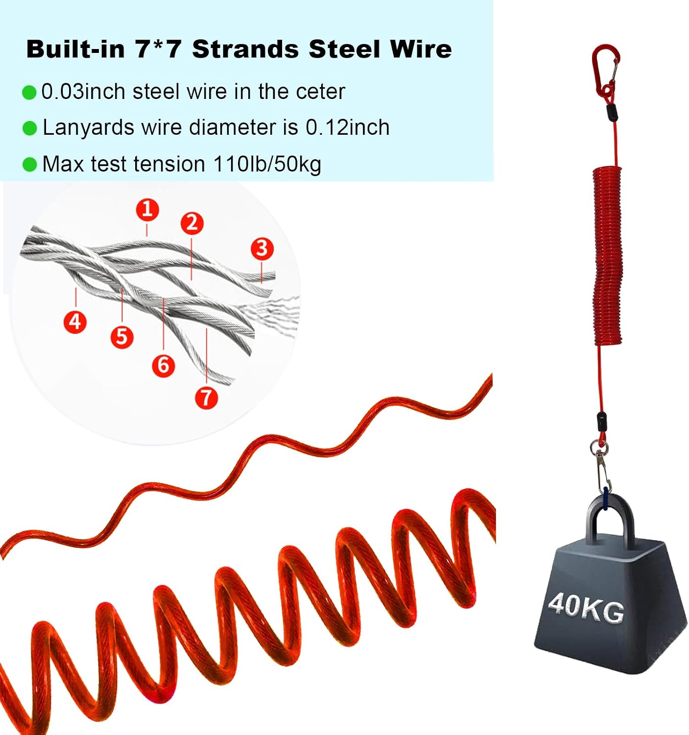 Fishing Lanyard, Heavy Duty Coiled Lanyards Stainless Steel Wire Inside, Safety Rope Extension Cord Tether Retractable Fishing Accessories for Rods, Pliers, Boating, Paddles, Kayak image 3