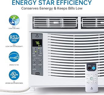 Towallmark 6000-BTU Window Air Conditioner Up to 250 Sqf | Remote Control, Cool & Fan Functions, Washable Filter, Adjustable Window Kit, Digital Temperature Display
