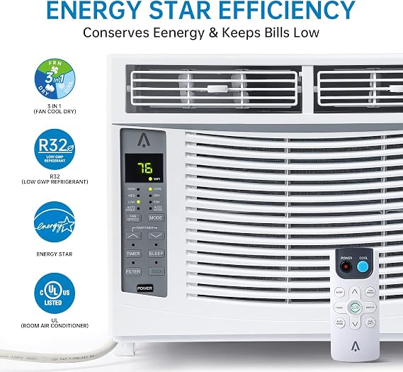 Towallmark 6000-BTU Window Air Conditioner Up to 250 Sqf | Remote Control, Cool & Fan Functions, Washable Filter, Adjustable Window Kit, Digital Temperature Display