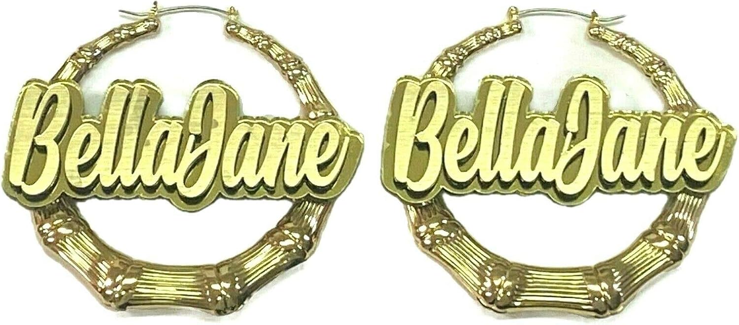 Personalized Custom Gold 1.5, 2.5, 3.5" Size Choice Bamboo Earrings Hoop Name Plate Laser Cut Made To Order - Any Name Gold Script Cursive Letters Stunning Look, Quality, Attractive