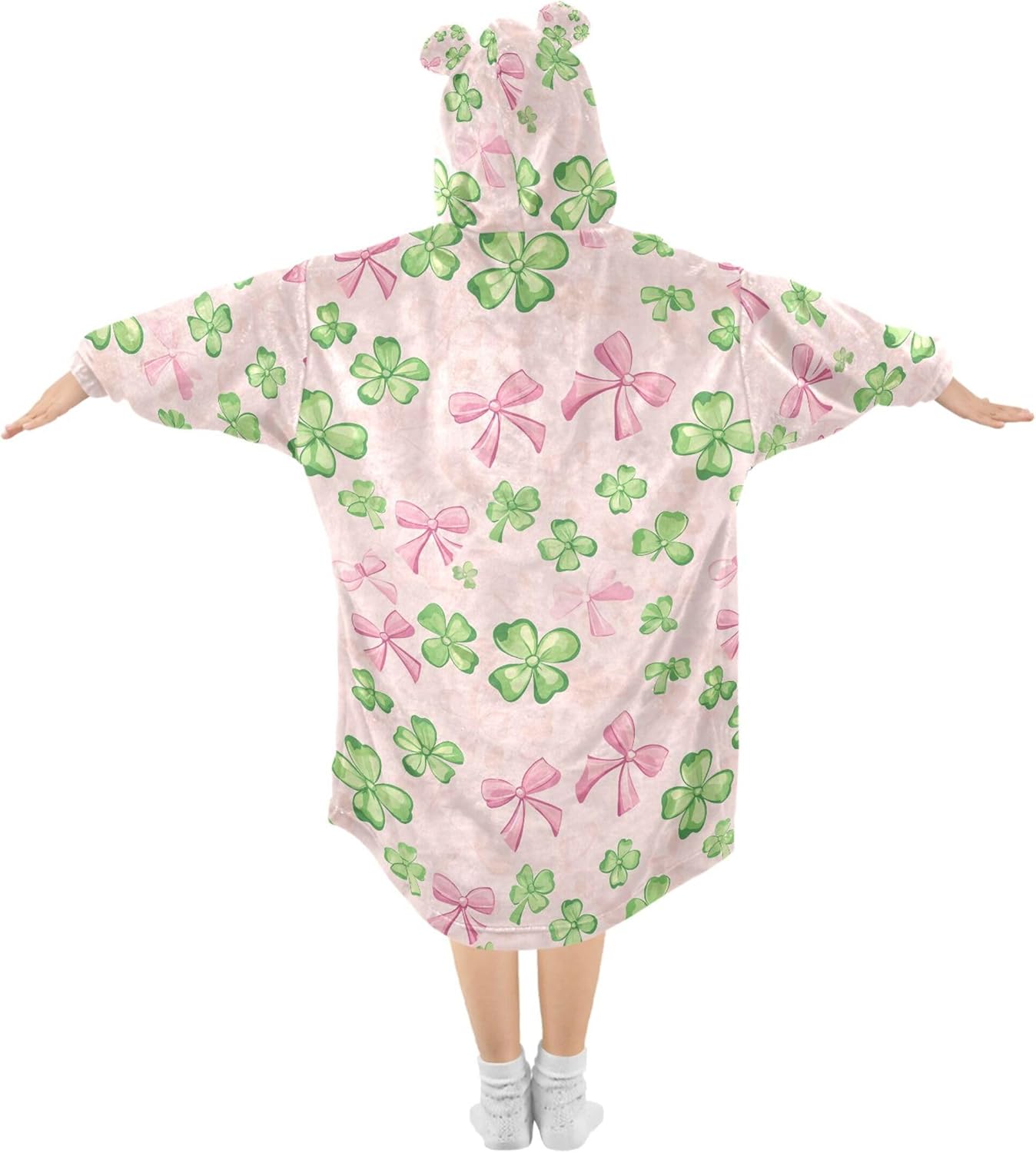 Pink Bows Clover Kids Wearable Blanket Hoodie with Pocket and Sleeves for Toddlers, Cute Hoodies 3-14 Year Girls Boys