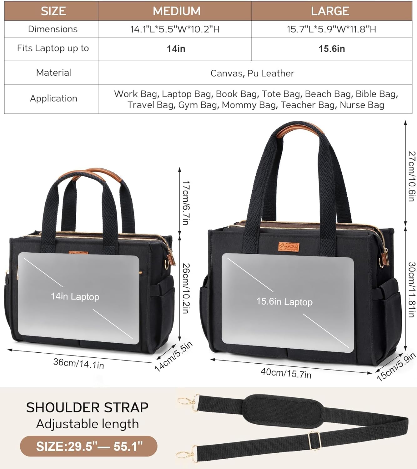 Canvas Tote Bag for Women, 15-Pockets Work Laptop Tote Purse Large Crossbody Nurse Teacher Bible Bag for School Travel Daily | with Strap & Zipper, Multi Compartment, Stand Upright Stably, College Shoulder Bag, Clinical Nursing Bag, Mothers Day Gifts