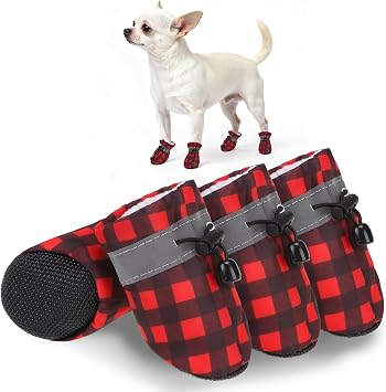 Christmas Fleece Dog Shoes for Small Medium Dogs, Anti-Slip Sole Puppy Boots & Paw Protectors with Reflective Straps Red Plaid Warm Soft Outdoor Walking Indoor Hardfloors, Size 1