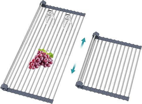 BBXTYLY Extra Large Expandable Roll Up Dish Drying Rack,Over The Sink Drying Rack Sink Cover Kitchen Sink Accessories Kitchen Rolling up Stainless Steel Drainer, Foldable,RollableGray,22.8-12.4