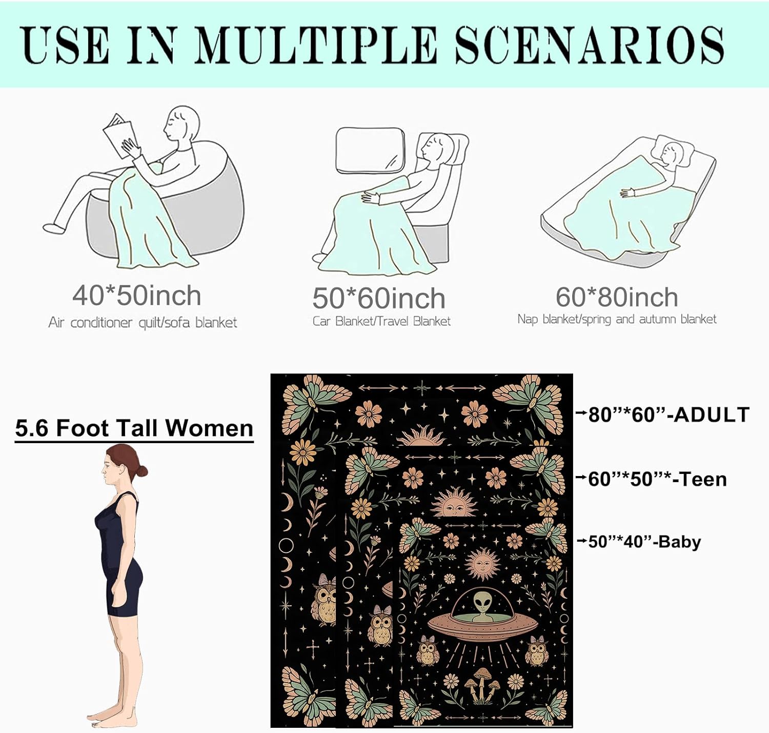 Mystical Alien Fleece Blanket,60x80in,Cosmic Witch UFO Owl Butterfly Mushroom Celestial Symbol Black Throw Blankets,Soft Cozy Lightweight, for Bed Living Room Home Boho Goth Decor, Gifts