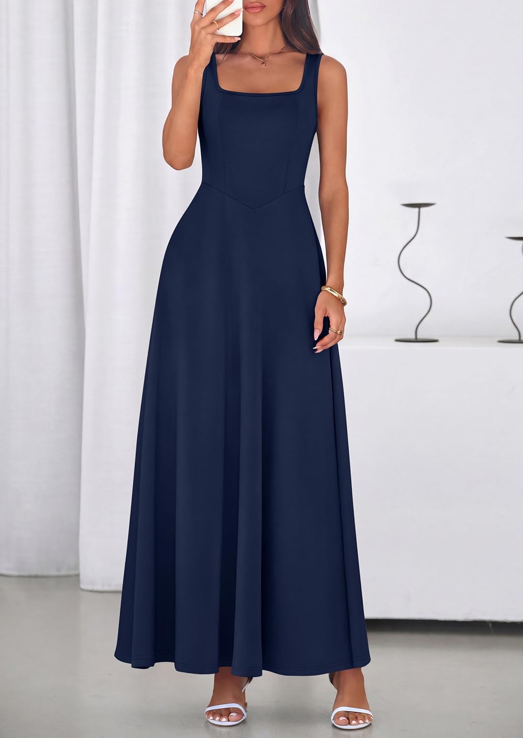 PRETTYGARDEN Womens Summer Dresses 2026 Sleeveless Elegant Square Neck Aline Swing Maxi Beach Wedding Guest Dress Pockets