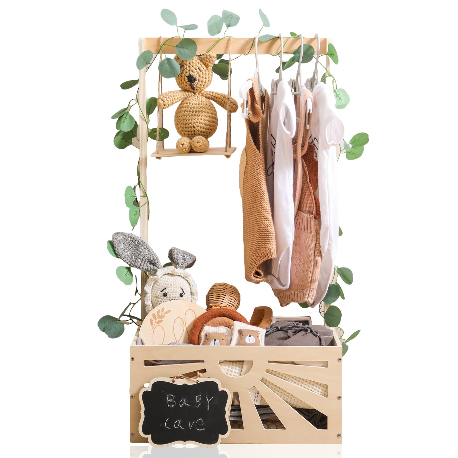 8 in 1 Wooden Baby Shower Crate Closet, Baby Basket with Handle,Baby Footprint Kit, Basket for Baby Shower Gifts, Baby Shower Wooden Gift Crate, Baby Personailzed Basket for Pregnancy New Parent