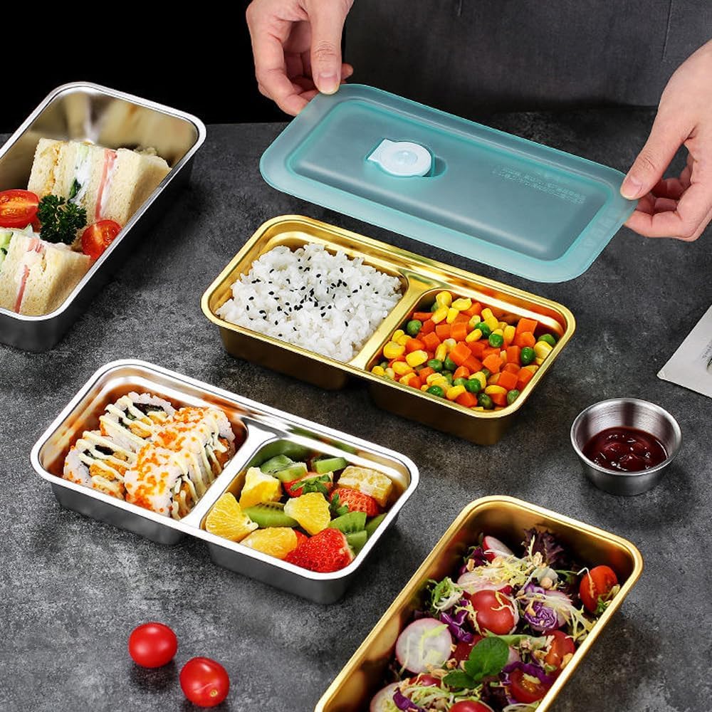 4 Pack Grab and Go Snack Containers, Stainless Steel Reusable Double Compartment Snack Containers-Condiment Box with Leakproof Lids for Outdoor Camping Food Storage (Gold) image 4