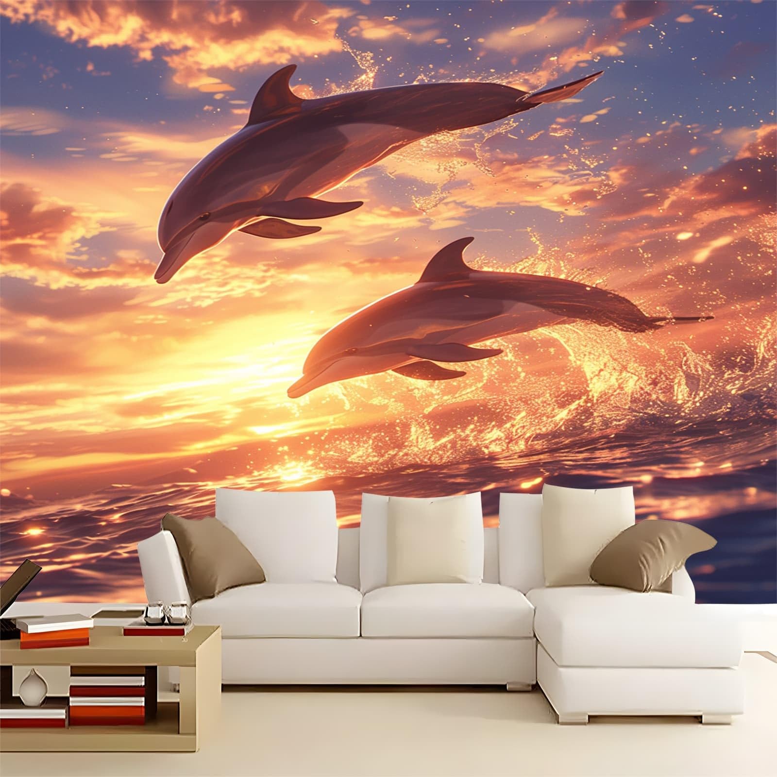 Tapeta murale szer. 118 x wys. 83 nadruk zwierzęcy delfin 3D włóknina mural ścienny do sypialni salonu dekoracja ścian, białe tło telewizora naklejka ścienna na sofę (nie samoprzylepna)