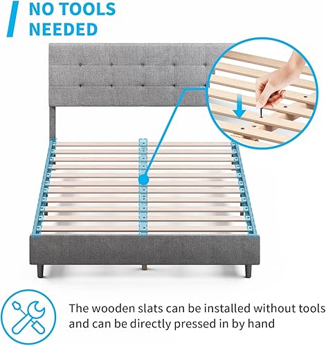 Miniatura 7 de Mjkone Full Size Bed Frame with Smart RGB LED Lights Button Tufted Bed Frames with Adjustable Headboard Linen Fabric Upholstered Platform Bed No Box
