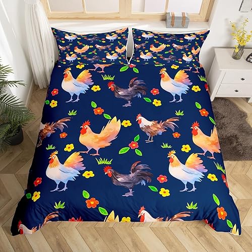 Miniatura 3 de Funda de edredón de gallo para niños y niñas, colorido juego de ropa de cama de pollo tamaño individual, funda de edredón de flores botánicas de