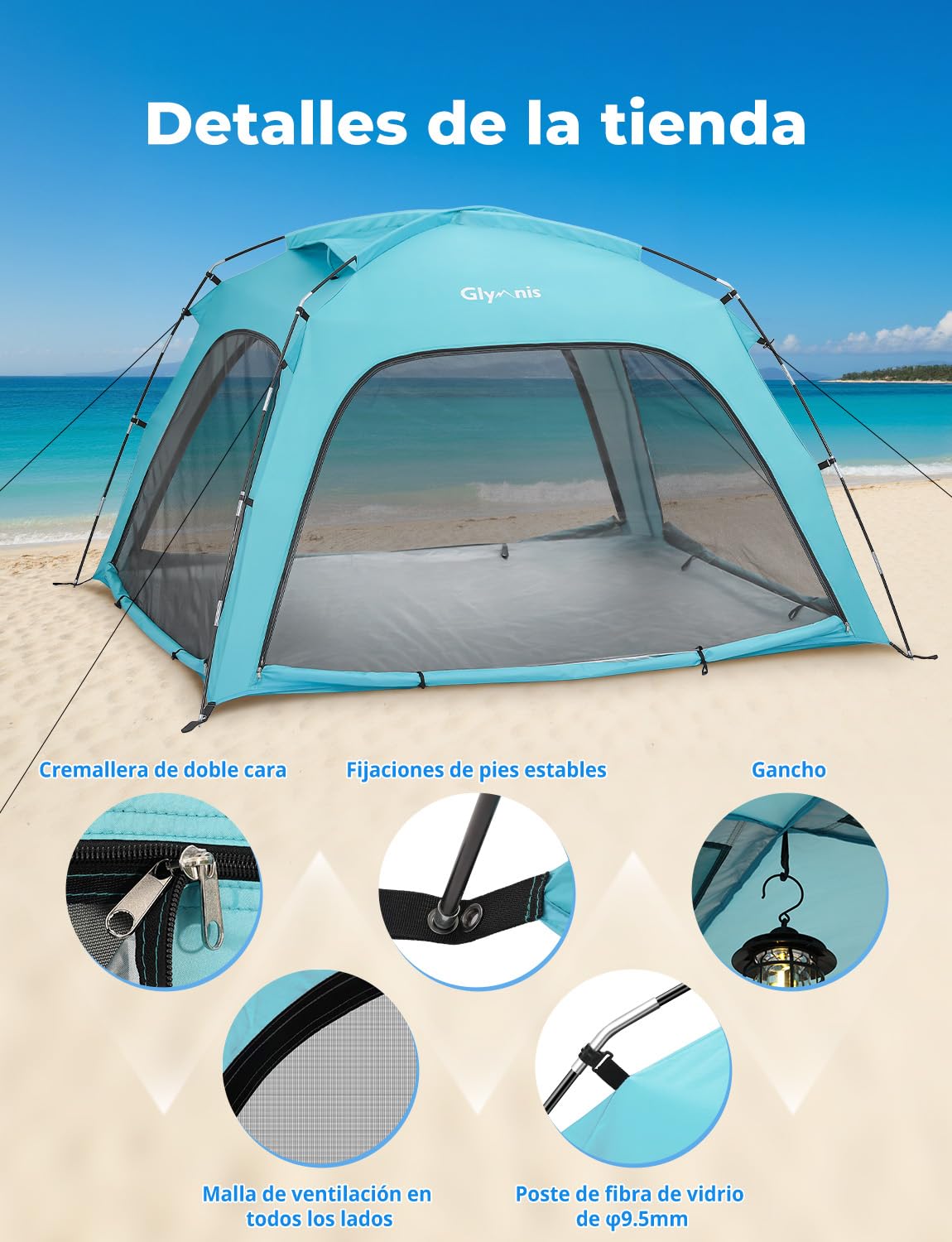 Glymnis Tienda de campaña grande para 3-4 personas, protección UV, refugio solar portátil, ideal para playa, picnic y pesca
