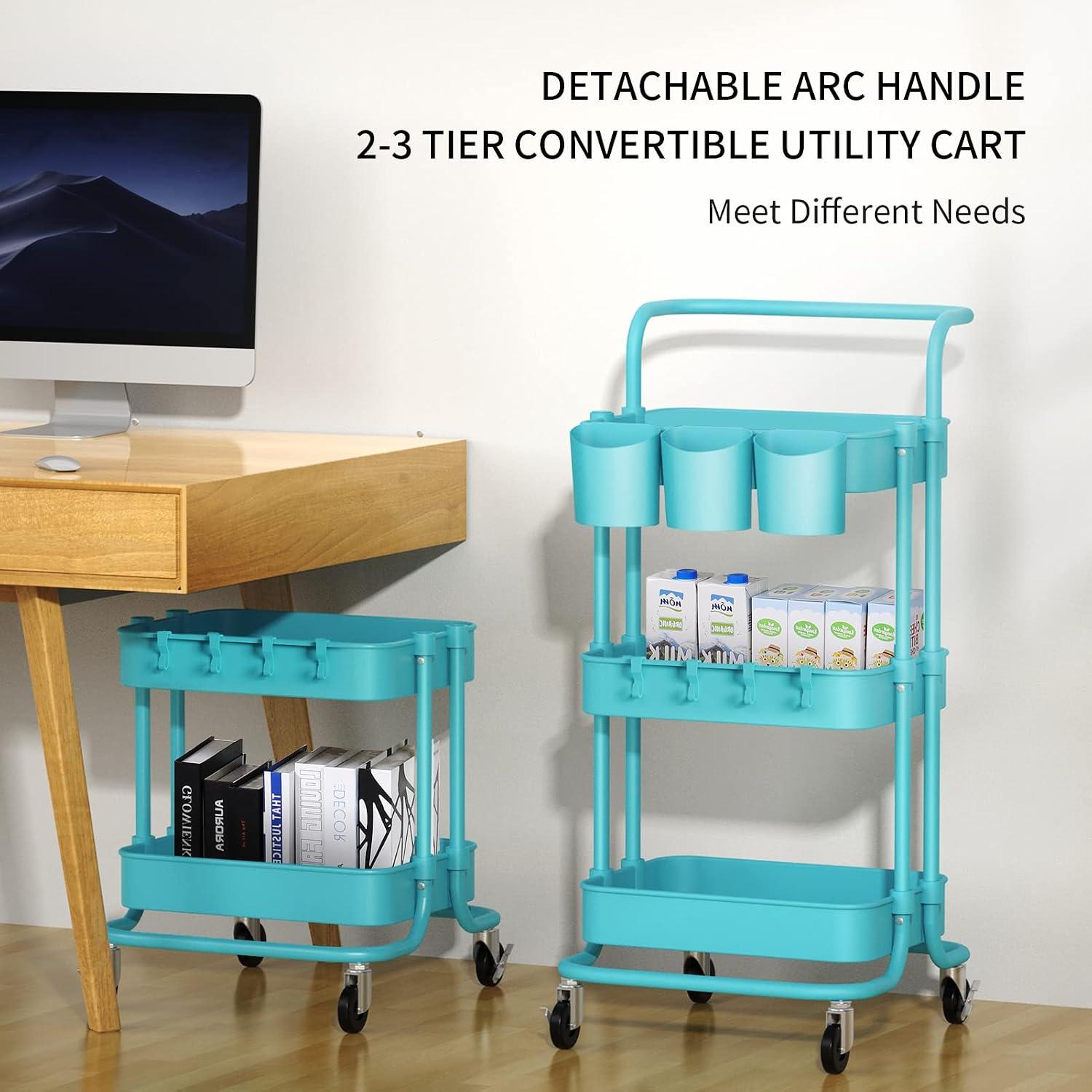 alvorog 3-Tier Rolling Utility Cart Storage Shelves Multifunction Storage Trolley Service Cart with Mesh Basket Handles and Wheels Easy Assembly for Bathroom, Kitchen, Office (Blue)