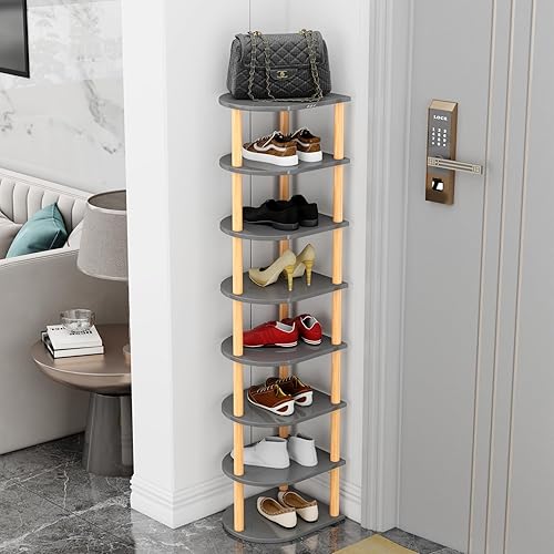 Miniatura 7 de Zapatero de madera estrecho de 8 niveles, estante vertical para zapatos para espacios pequeños, organizador de zapatos alto y delgado para entrada,