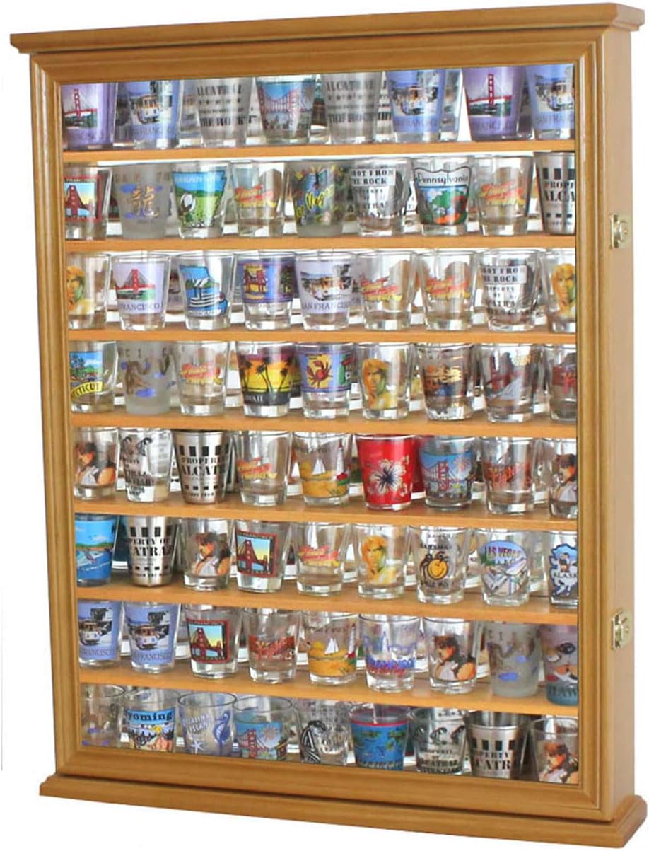 Shot Glass Display Case Solid Wood Wall Shot Glass Cabinet Rack Holder Lockable with UV Protection Acrylic Glass Door Shot Glass Collection Display Cabinet Mirror Back (Oak Finish)