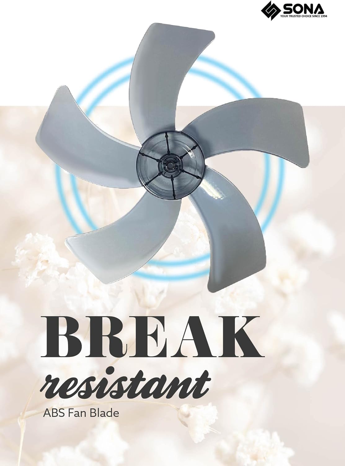 Close-up of the SONA SFS 1602T fan's five ABS plastic blades, highlighting their break-resistant material.