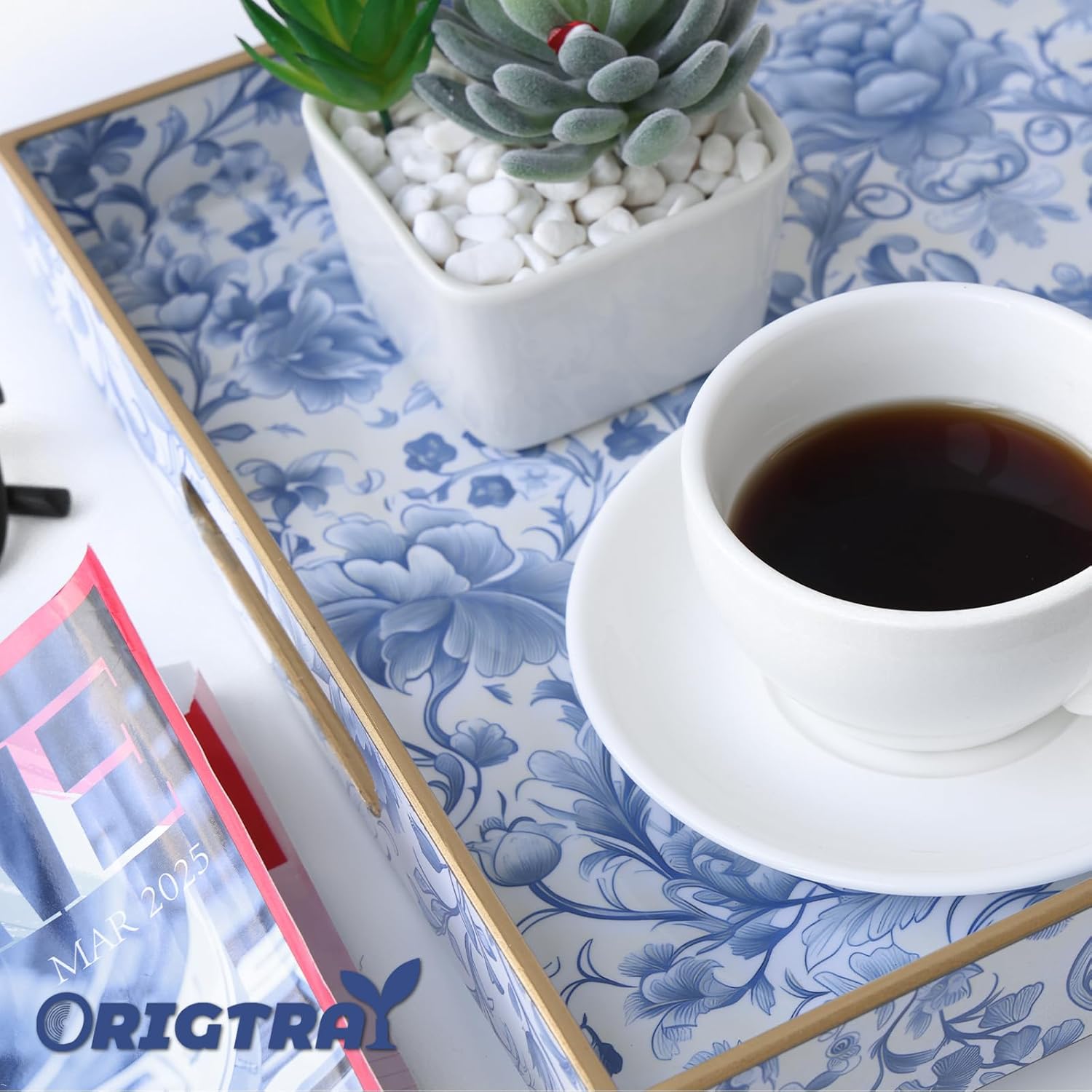 Serving Tray with Handles, 2 Pack Rectangular Plastic Tray 15.75x11.81 Inch, Blue and White Peony Chinese Porcelain Style Decorative Tray for Kitchen, Dining Table, Vanity, Office & Home