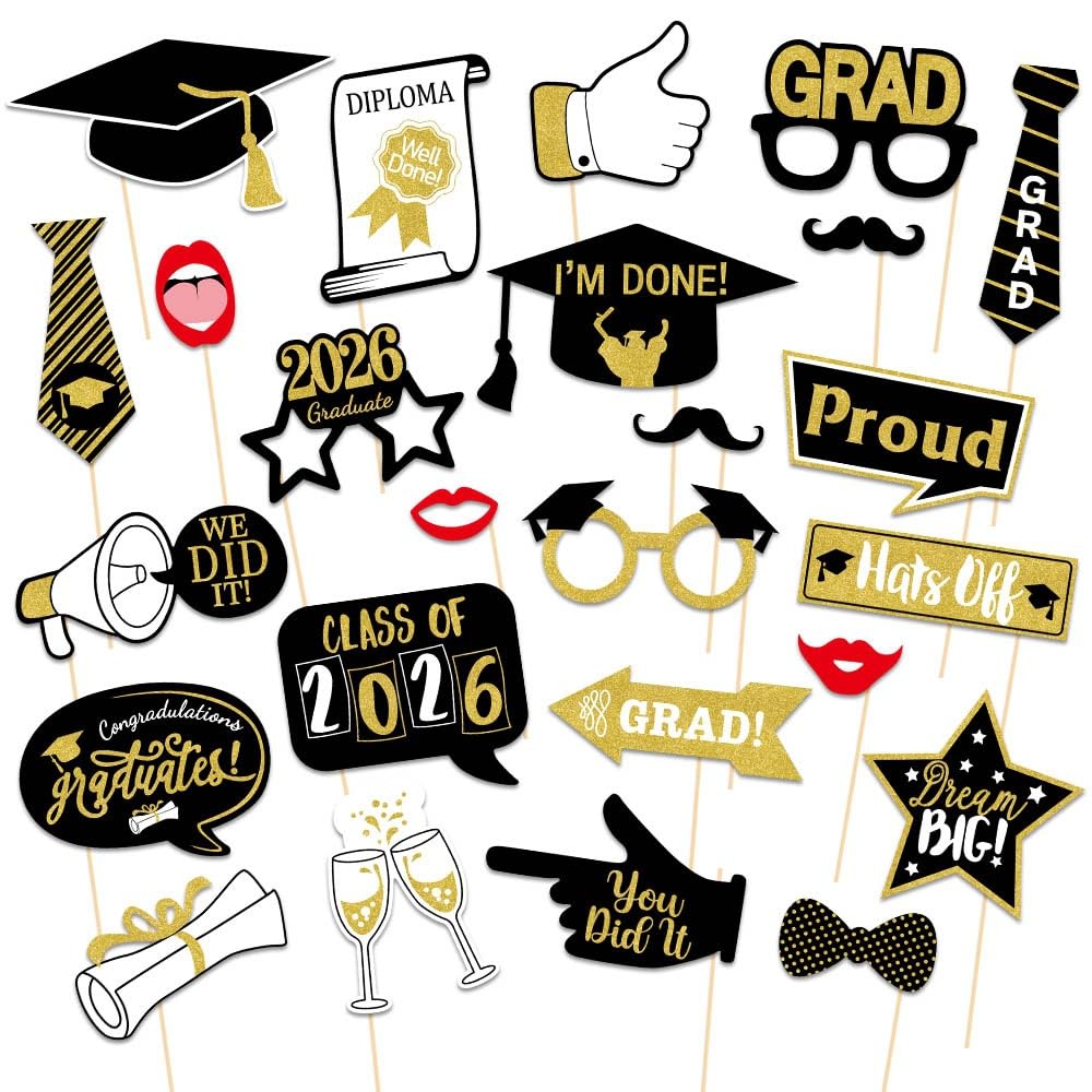 Photo 1 of 25Pcs Graduation Photo Booth Props Class of 2026 Grad Photo Props Black and Gold Graduation Decorations for Grad Party Favors Supplies